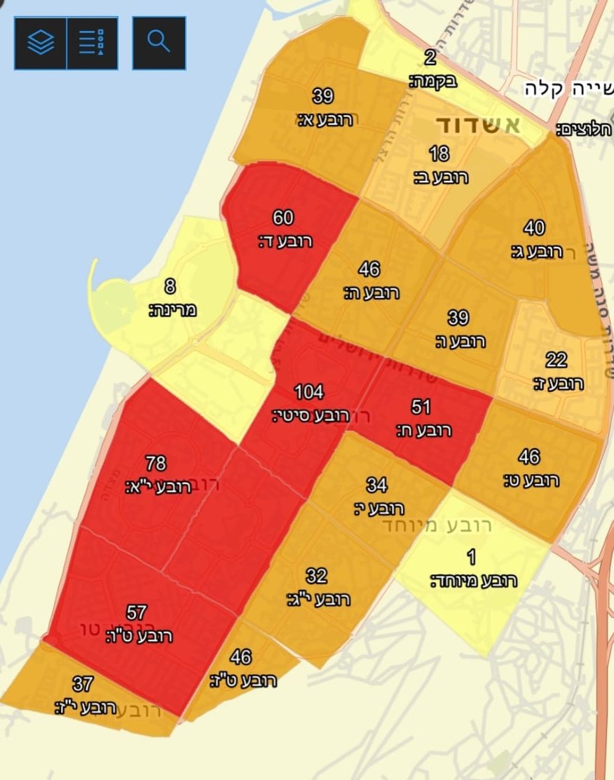 מפת צבעי הרמזור בחלוקה לפי רובעים באשדוד